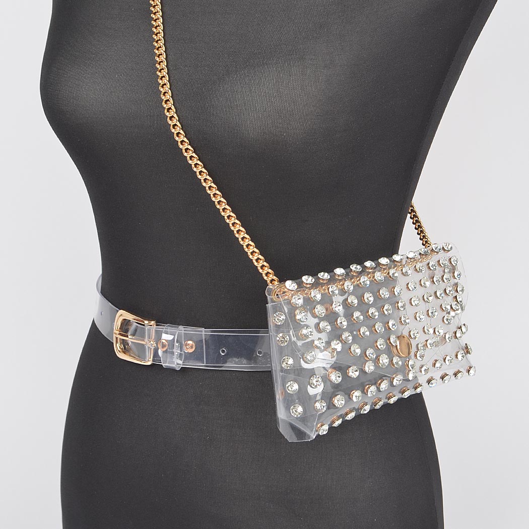 Clear Belt Bag with Chain - Clear Rhinestone