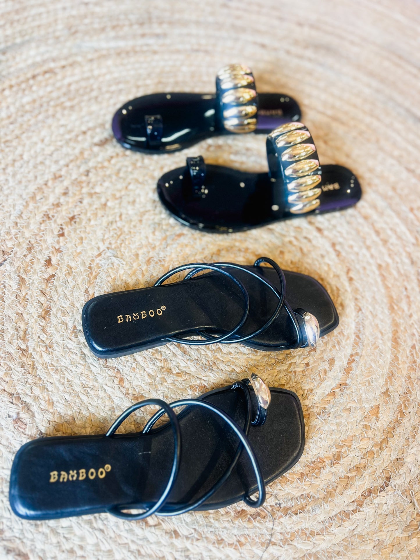 Hint-91 Black Strappy Toe Ring Sandal