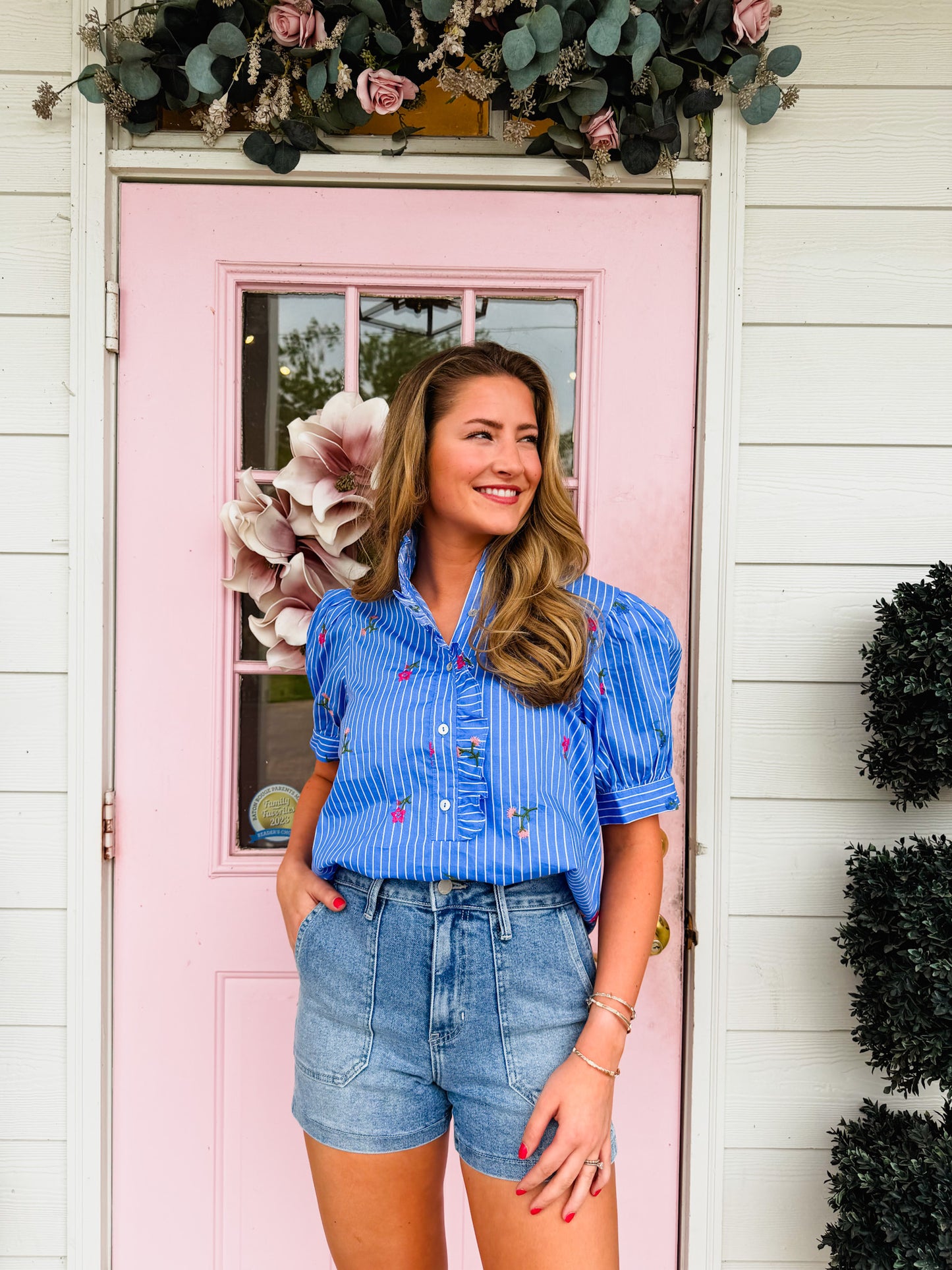 Be Basic Floral Stripe Puff Sleeve Top - Blue