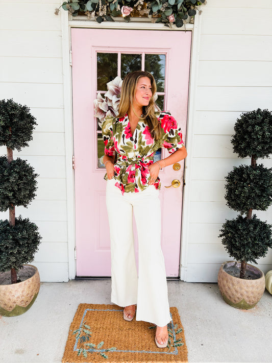 Major Move Floral Puff Sleeve Top - Olive