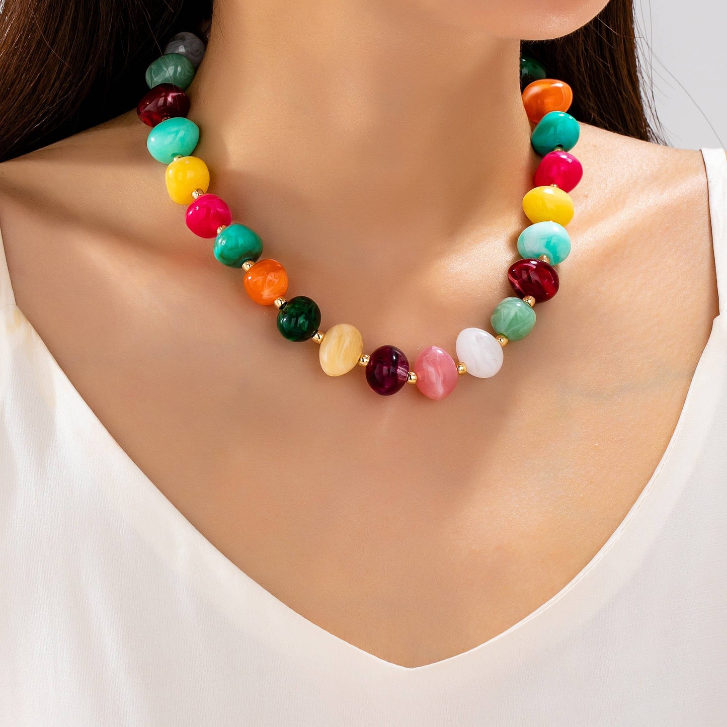 Resin Pebble Beaded Necklace - Multi