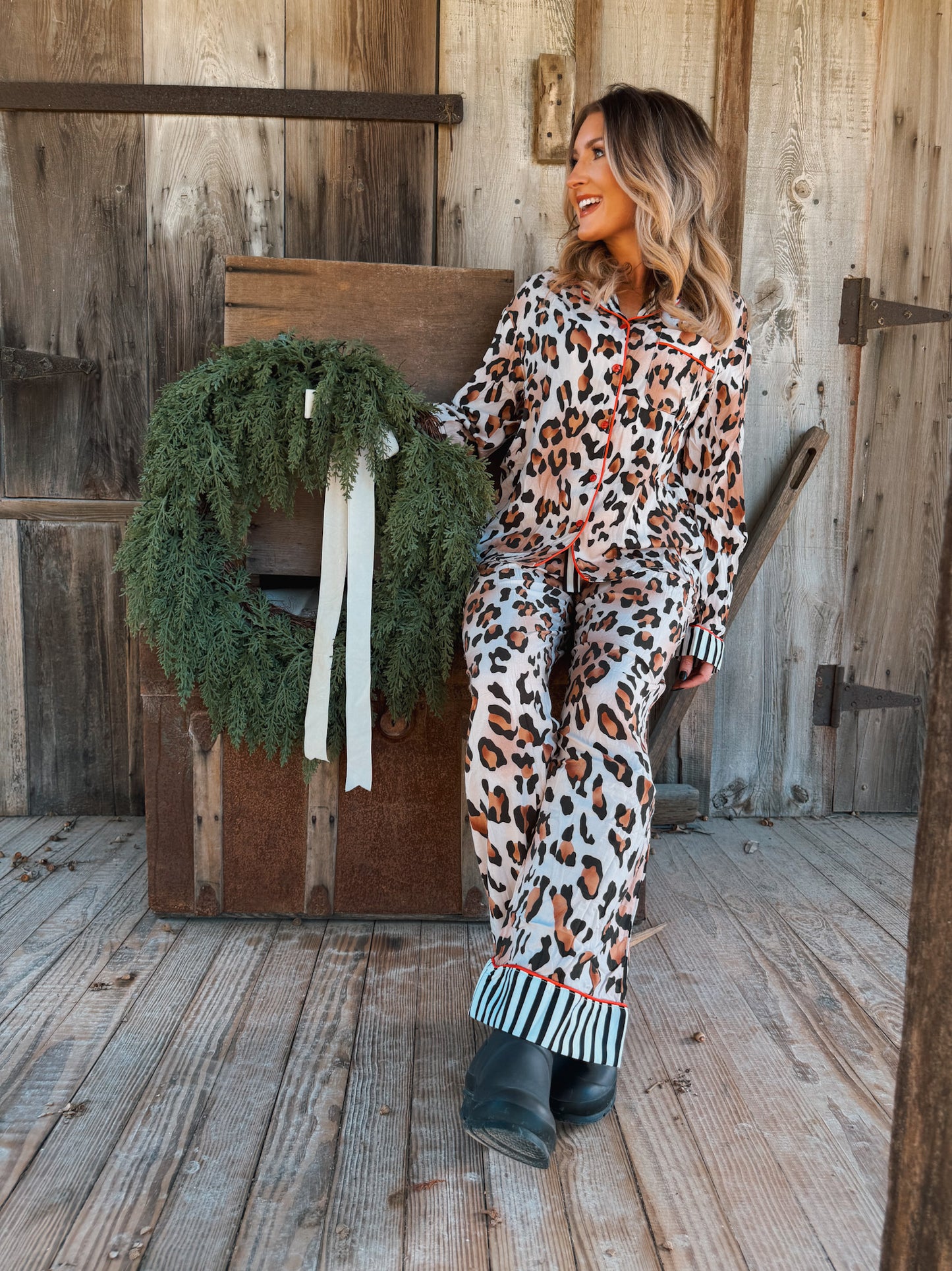 Leopard Print Colorblock Striped Pajama Pants Set - Khaki