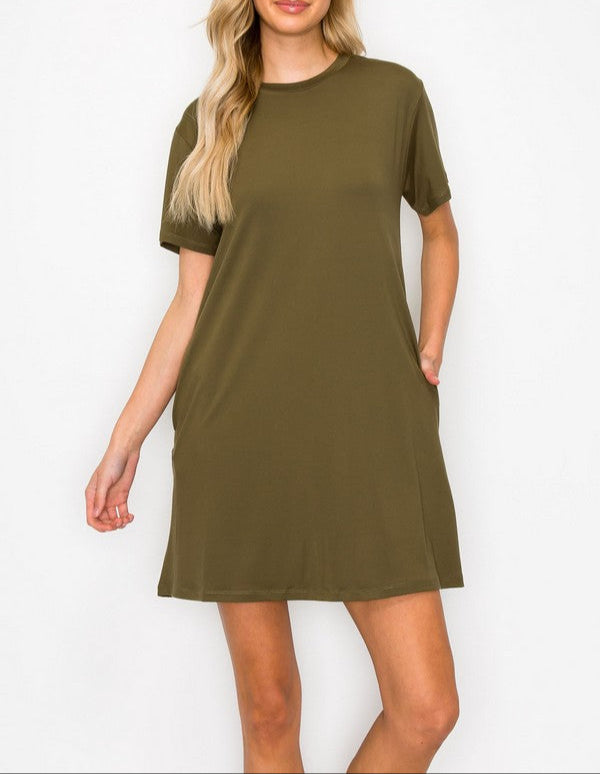 On The Go T-Shirt Dress with Pockets - Olive