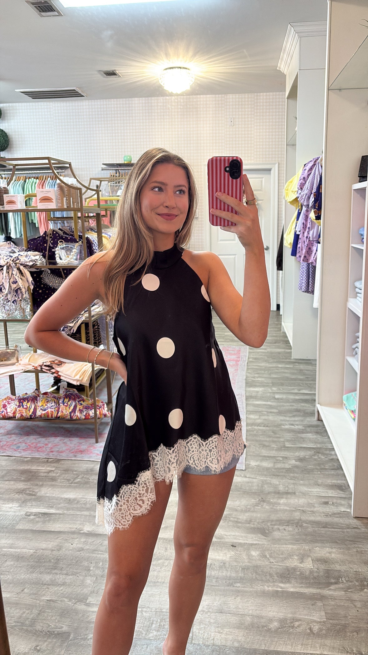 Out & About Polka Dot Halter Sleeveless Lace Trim Top - Black