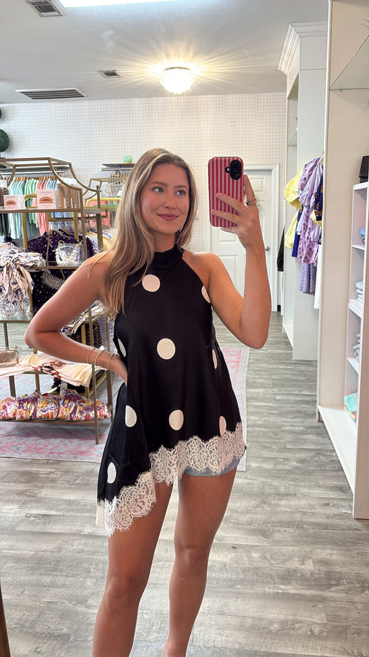 Out & About Polka Dot Halter Sleeveless Lace Trim Top - Black