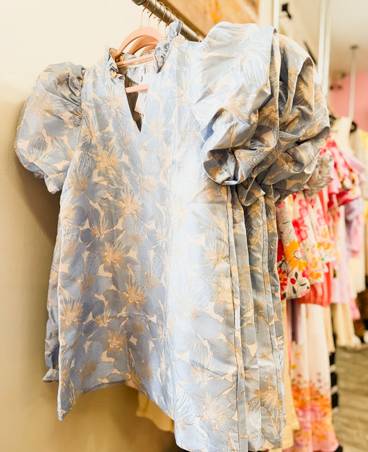 Prim & Proper Ruffle V-Neck Puff Sleeve Mini Dress - Sky