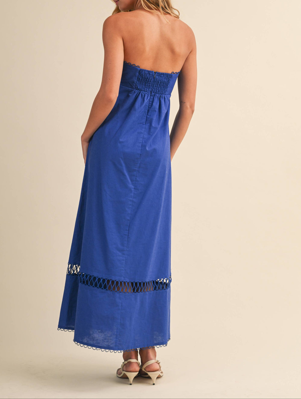 Lucky Lady Linen Rope Embroidered Accent Strapless Midi Dress - Royal