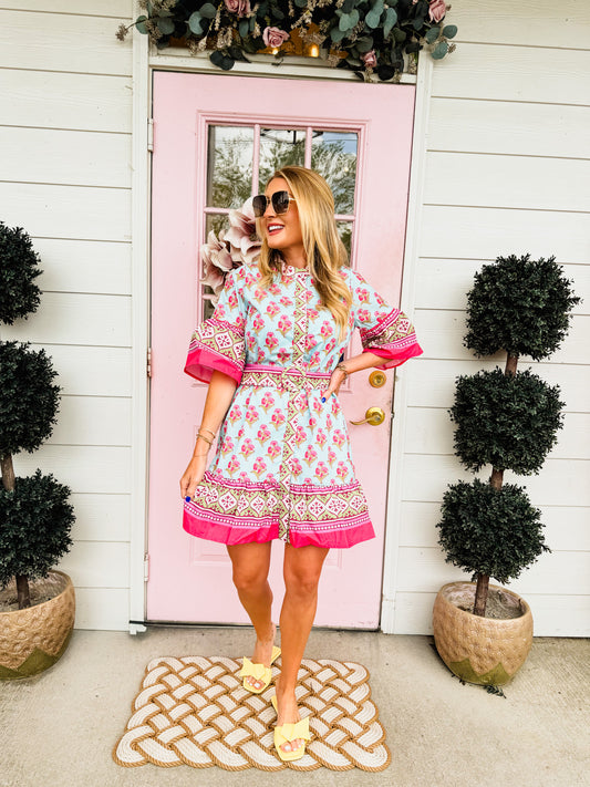 Across Town Printed Belted Contrast Border Dress - Multi
