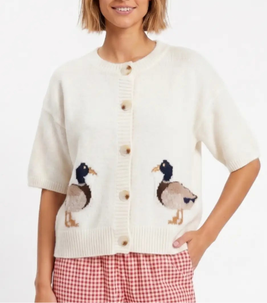 Match Up Short Sleeve BUtton Up Cardigan with Mallard Motif - Cream