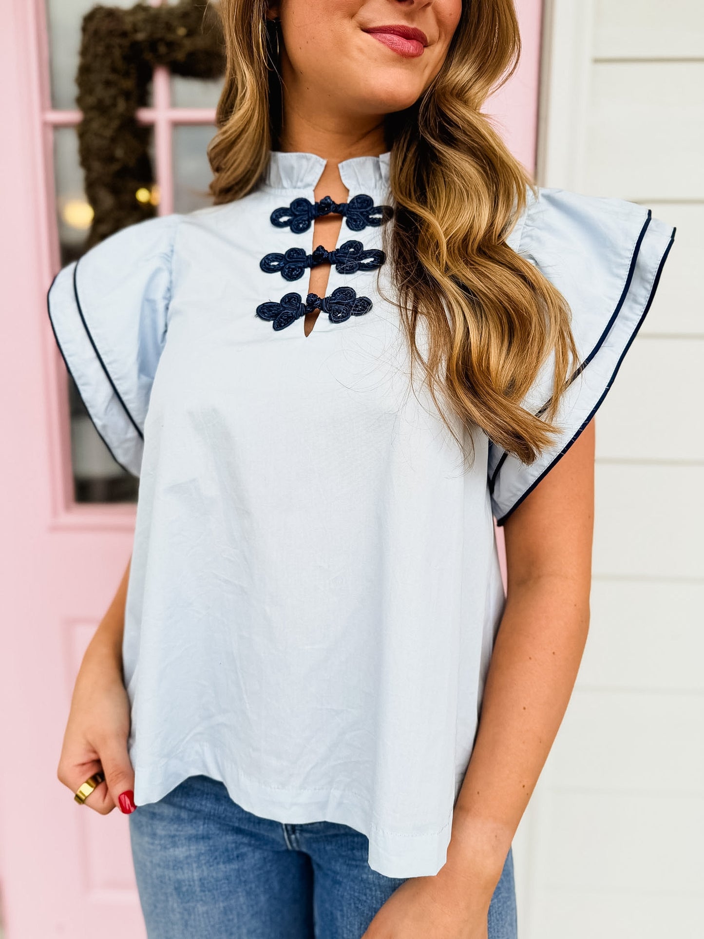 Fly Away Ruffle Layered Flutter Sleeve Top - Baby Blue