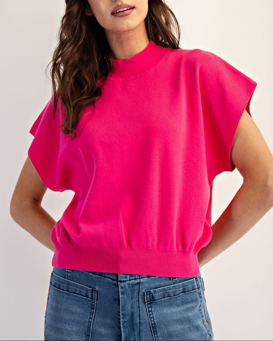 Living For It Mock Neck Short Sleeve Top - Hot Pink