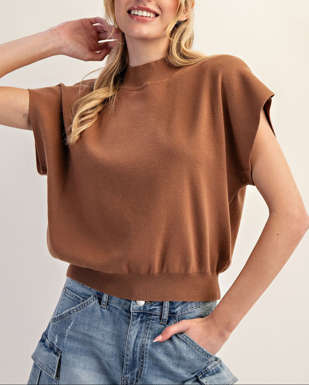 Living For It Mock Neck Short Sleeve Top - Coco