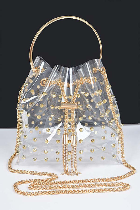 Metal Stud Bucket Bag with Chain Tassel - Clear