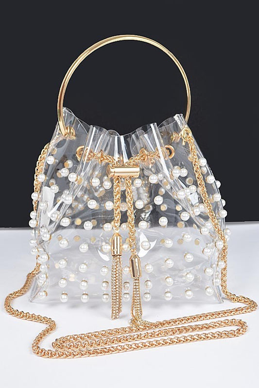Pearl Stud Bucket Bag with Chain Tassel - Clear