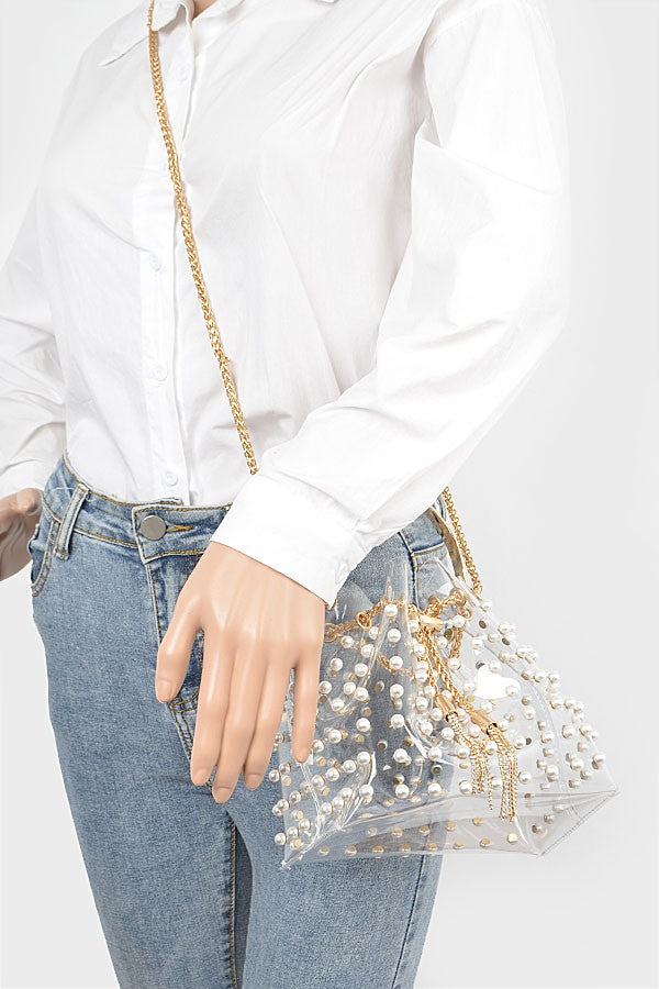 Clear Pearl Stud Bucket Bag with Chain Tassle