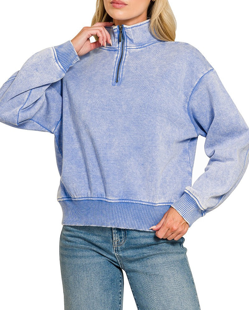 Feel Good Acid Wash Fleece Half Zip Pullover - Cornflower Blue