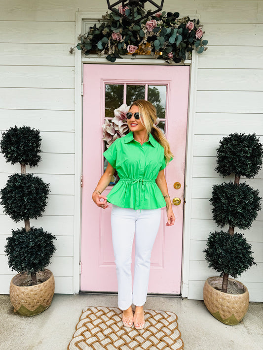 Nice To Meet You Drawstring Waist Top - Green
