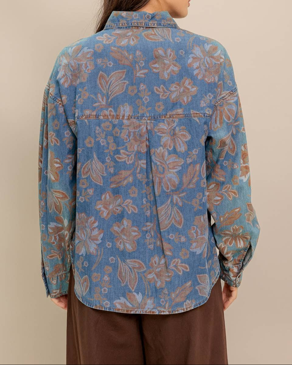 Slow Mornings Washed Printed Denim Top - Chambray