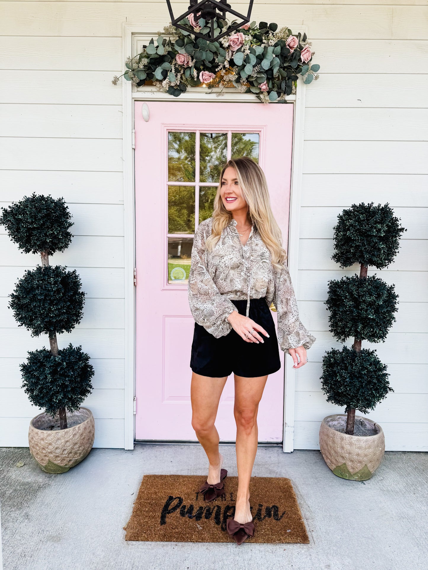 Elan Cassidy Long Sleeve Flowy Top - Natural Snake Skin
