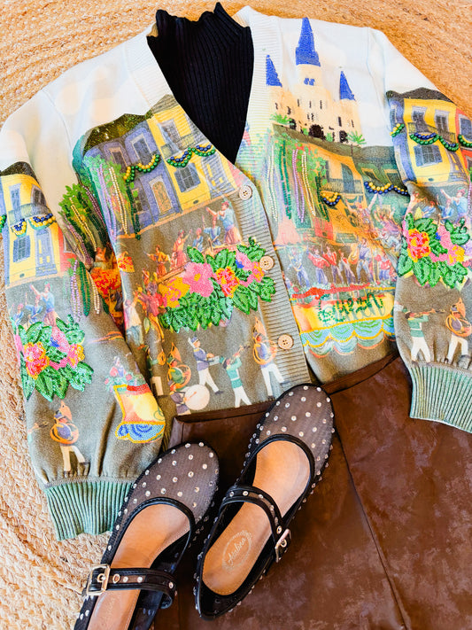 Queen Of Sparkles Mardi Gras Parade Scene Button Up Cardigan