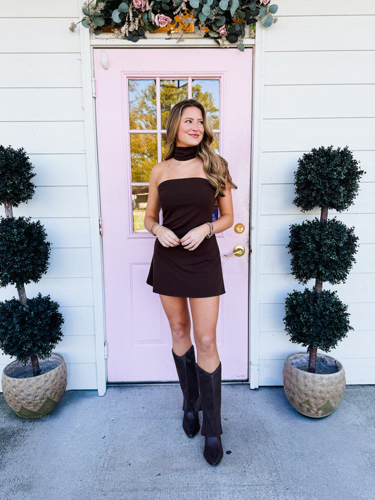 Happy Hour Choker Detail Open Back Dress - Dark Chocolate