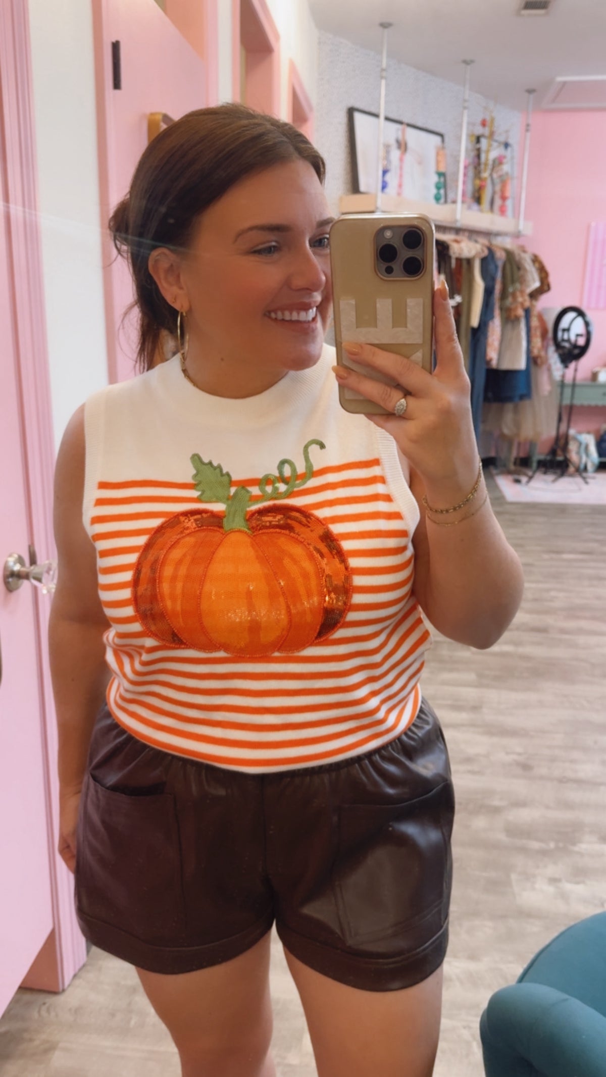Queen of Sparkles Ivory & Orange Striped Pumpkin Knit Tank