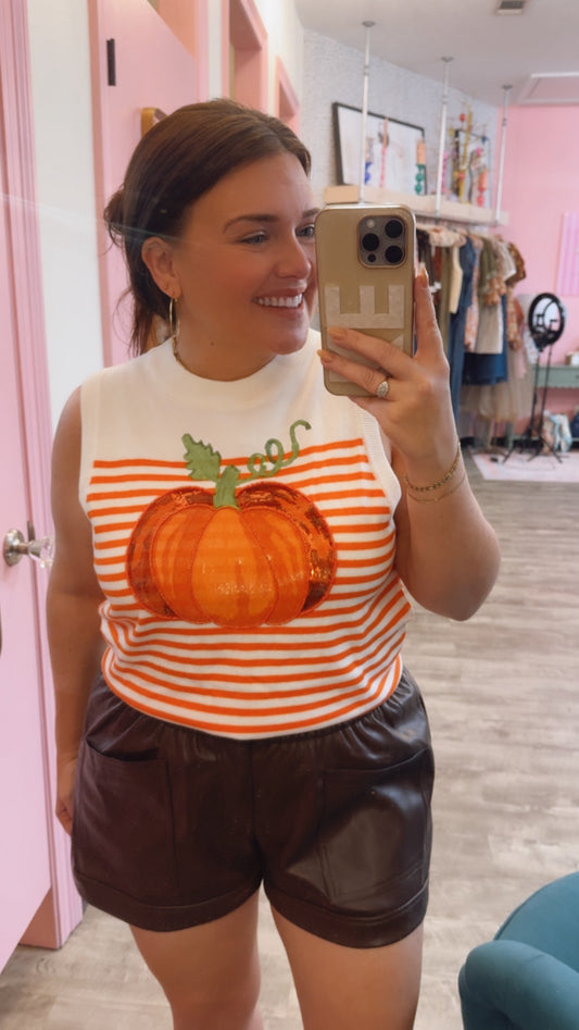 Queen of Sparkles Ivory & Orange Striped Pumpkin Knit Tank