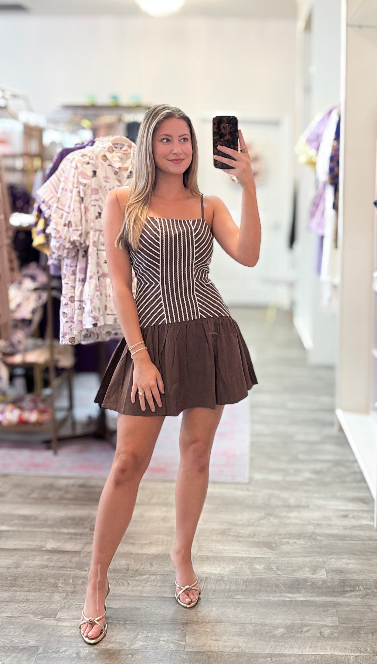 No Lie Chevron Stripe Smocked Back Drop Waist Mini Dress - Chocolate Brown