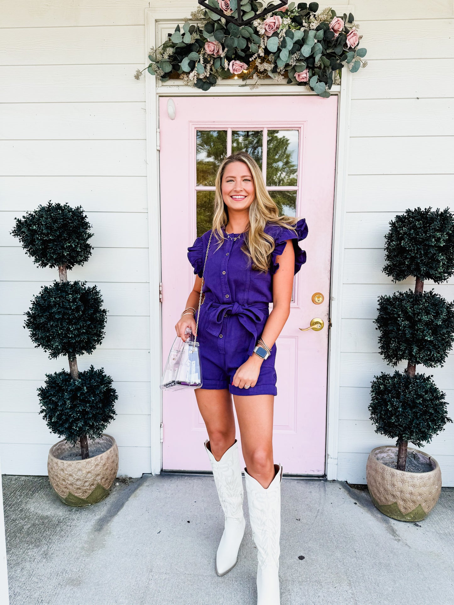 Game Day Ready Denim Belted Romper - Purple