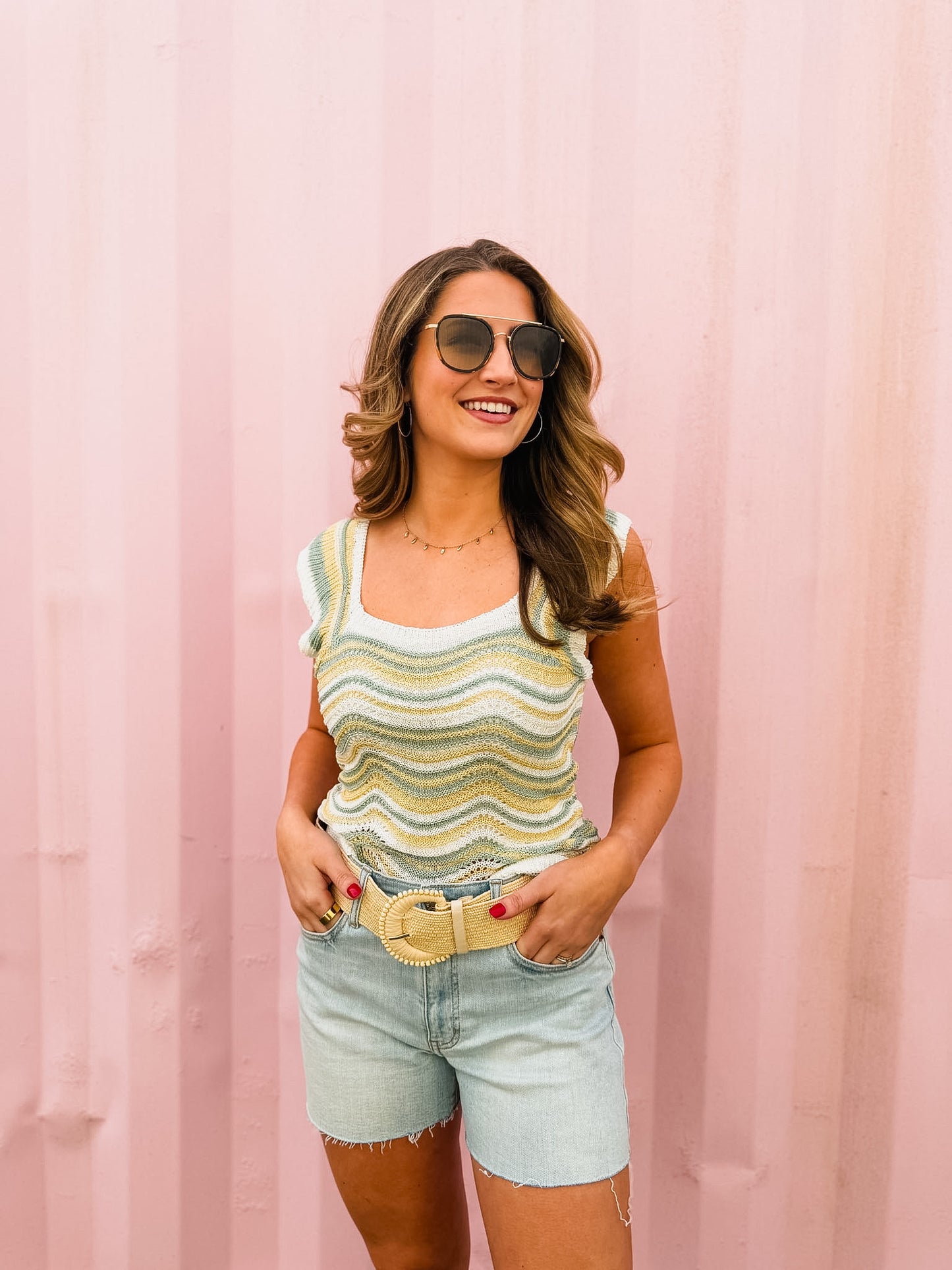 Elan Sleeveless Ruffle Tank Top - White Multi