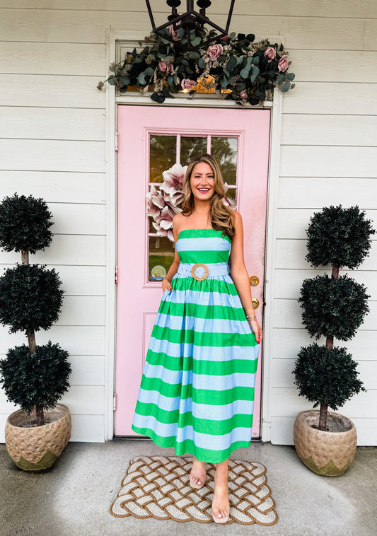 Express It Strapless Striped Midi Dress - Green