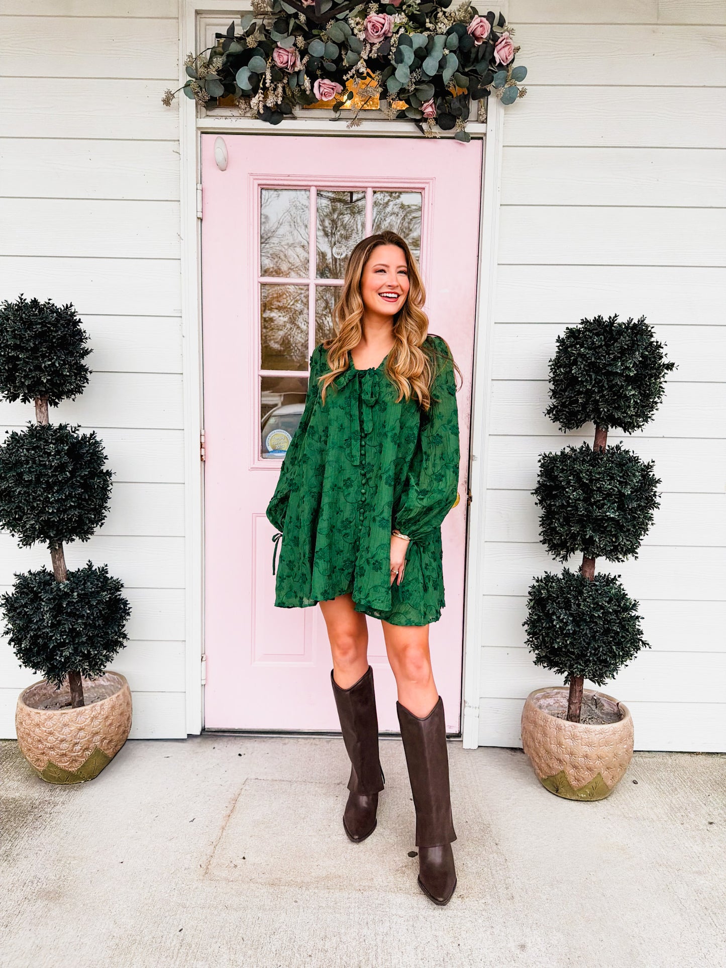 Floral Blooms Embroidered Bow Dress - Forrest Green