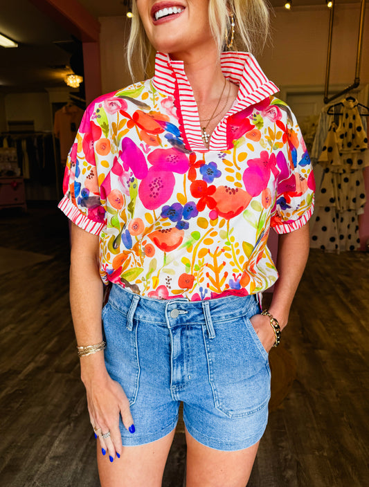 Flower Print Striped Trim Frilled Collar Top - Pink