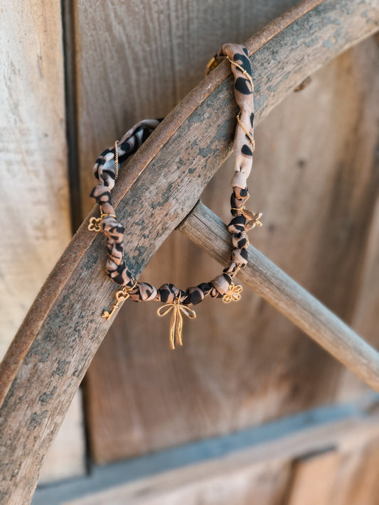 Gold Bow and Multi Charm Pendant Scarf Necklace - Leopard