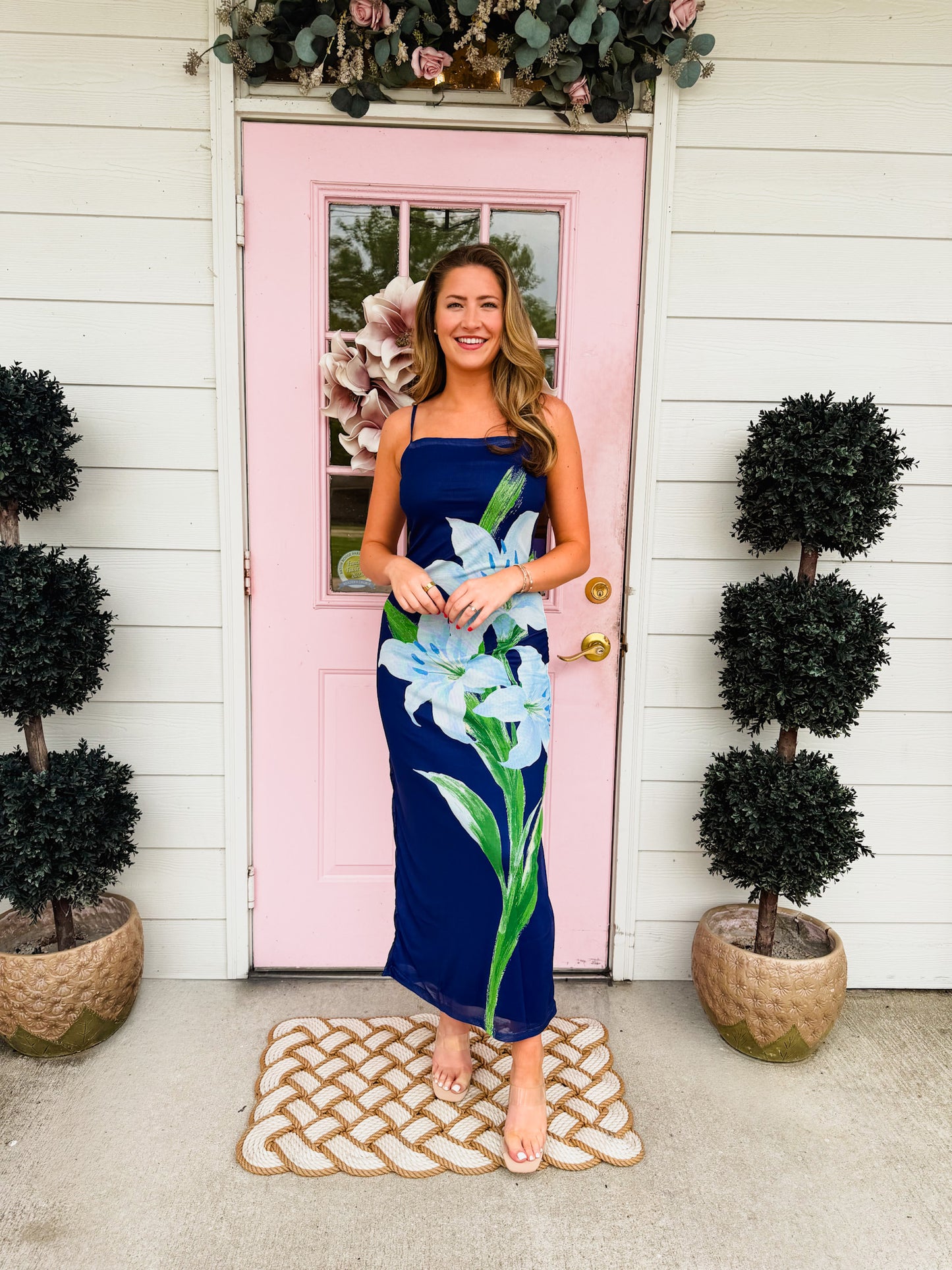 Ocean Air Mesh Floral Midi Dress - Navy