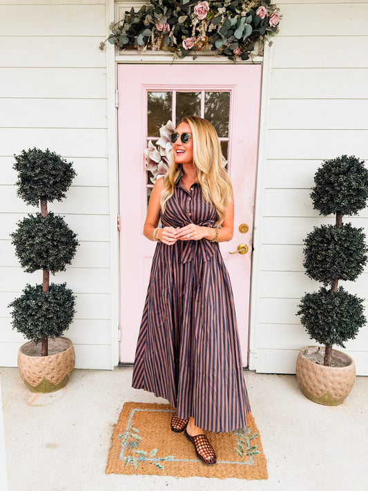 Find Me Striped Sleeveless Midi Dress - Navy Brown