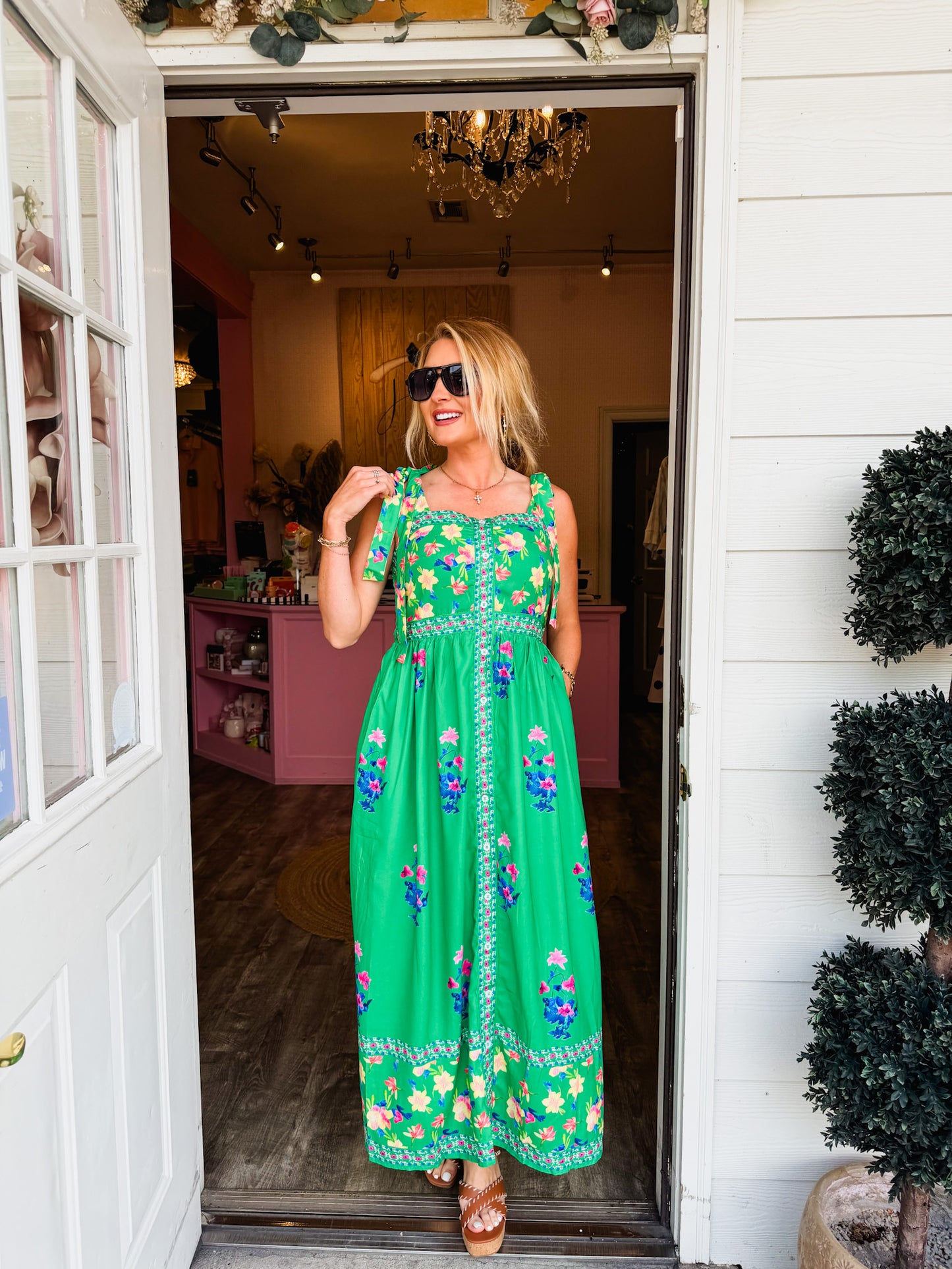 Floral Print Contrast Trim Knotted Strap Midi Dress - Green