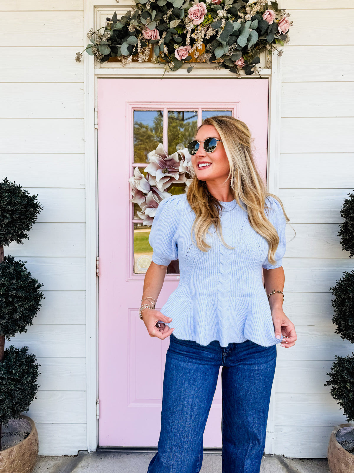 Ghost Town Flared Puff Sleeve Knit Top - Chambray