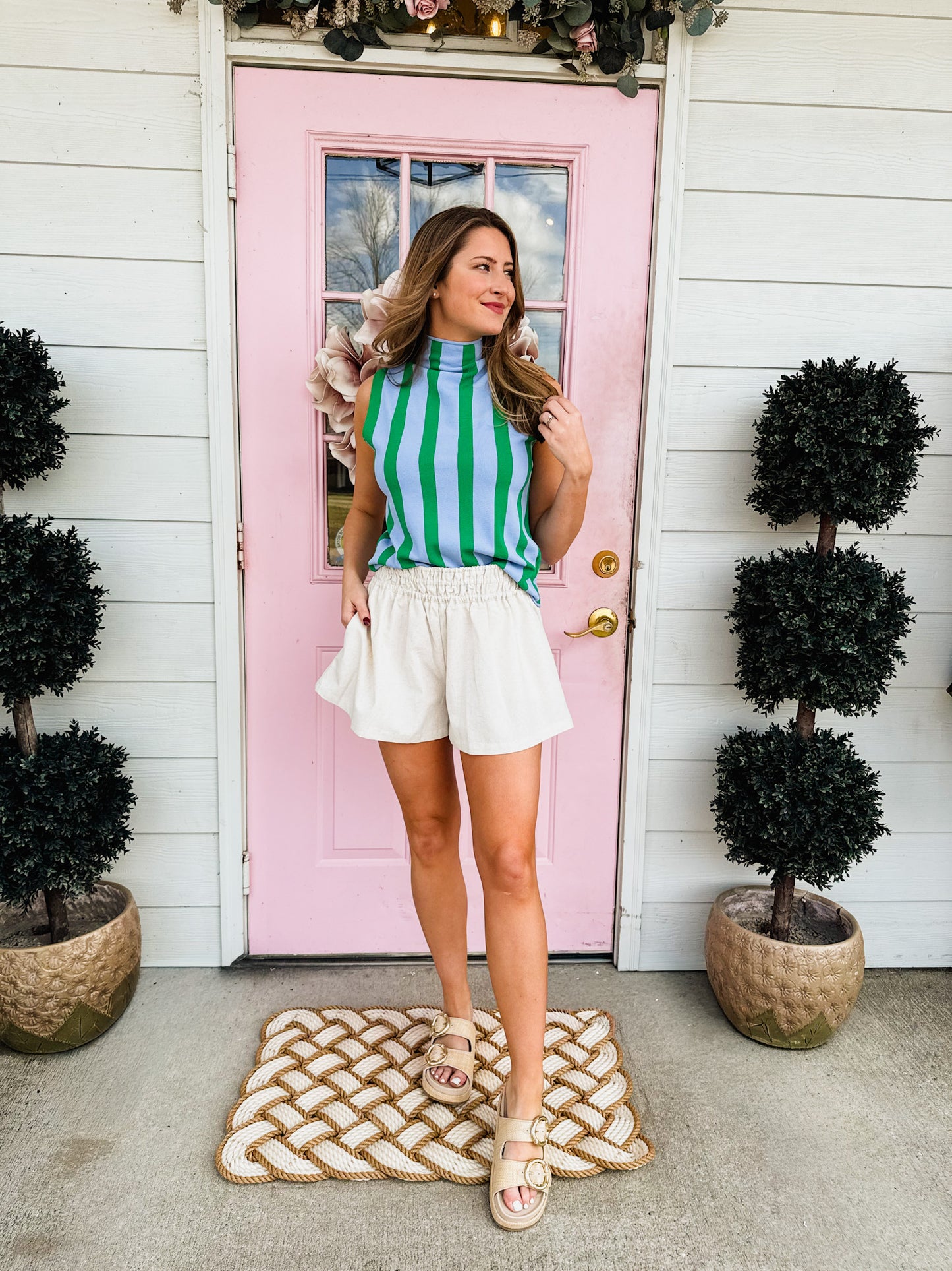 Pool Side Striped Mock Neck Sleeveless Top - Blue