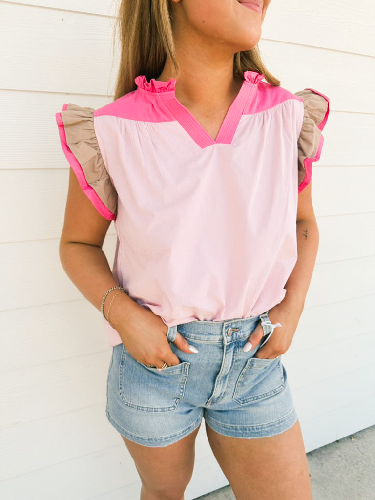 Straight Up V-Neck Color Block Top
