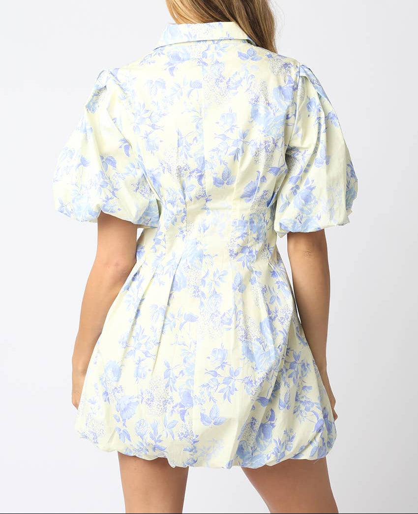 Emily Floral Puff Dress - Cream Blue