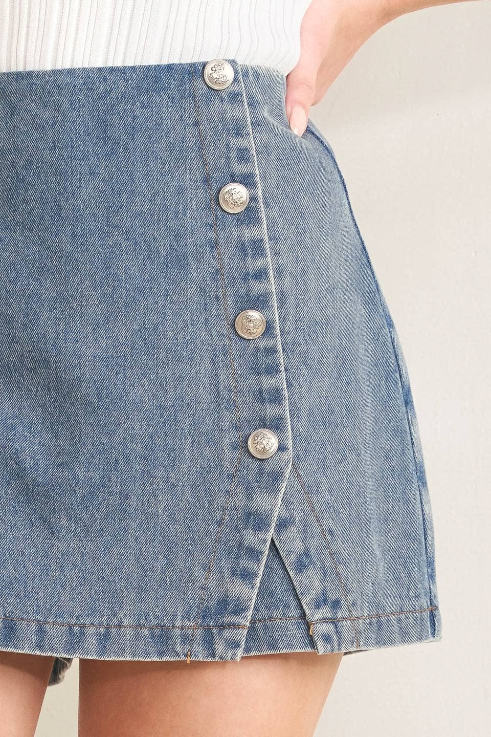 Front Stage Washed Denim Button Detail Skort - Light Indigo