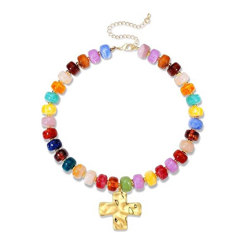 Flat Bead Cross Pendant Necklace - Multi