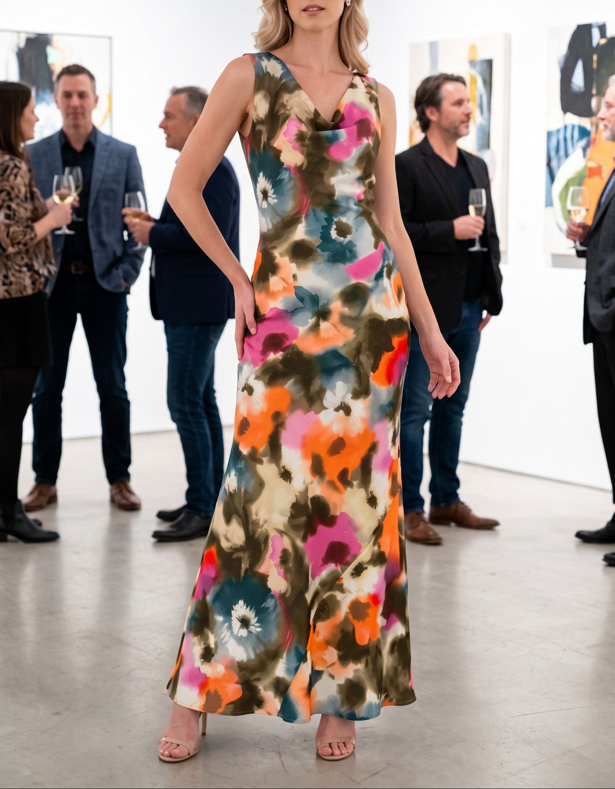 Uptown Floral Cowl Neck Maxi Dress - Olive Combo
