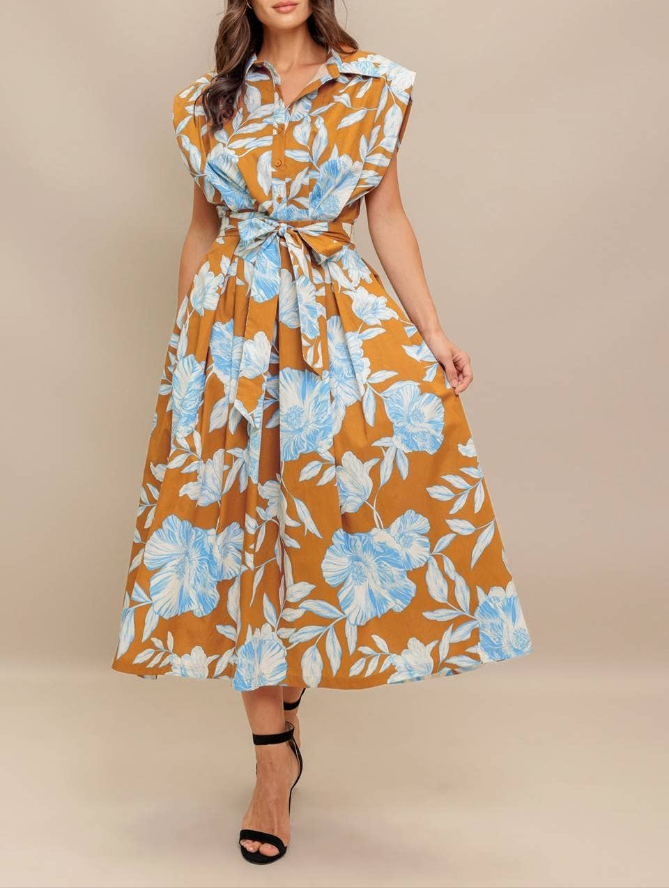 Seasons Change Floral Collared Midi Dress - Brown Blue