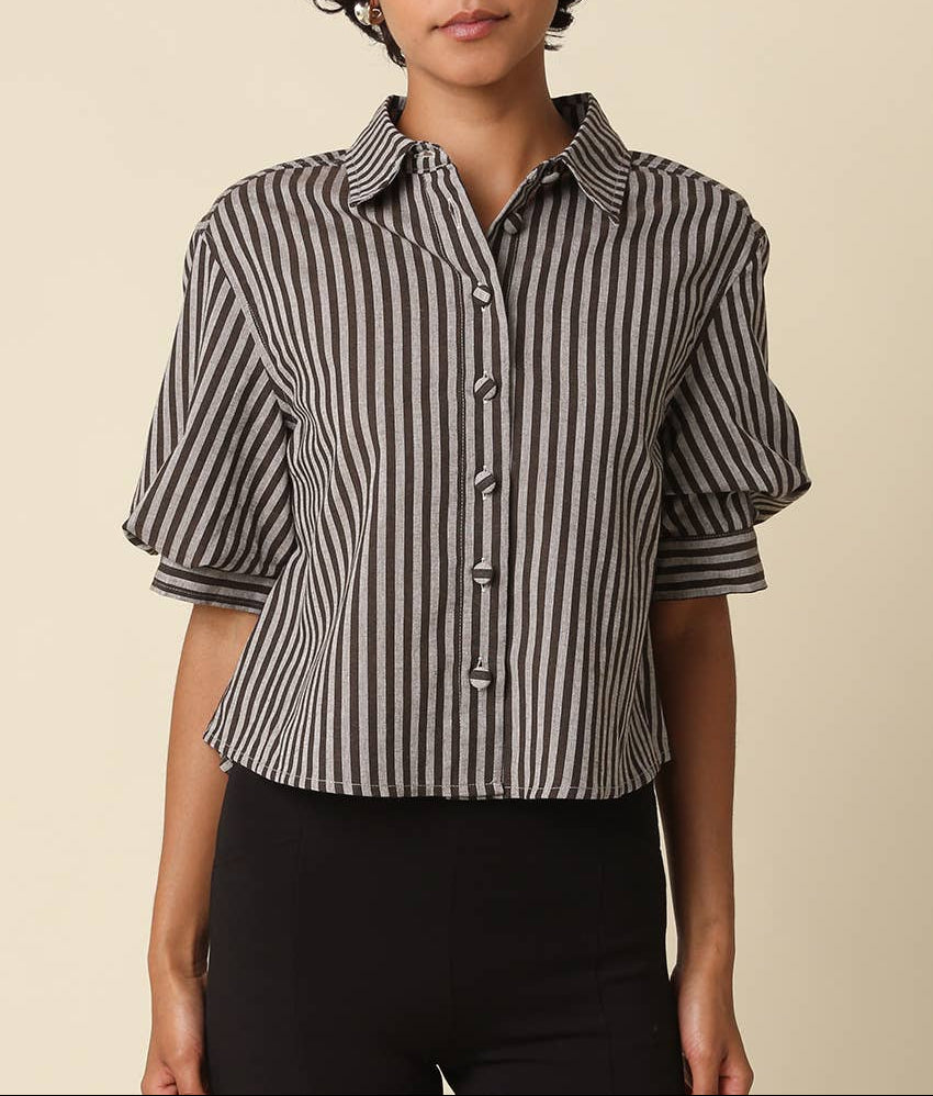 May Stripe Puff Sleeve Shirt - Brown