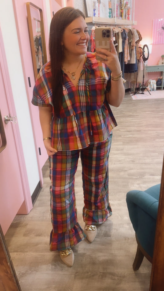 Big Town Multi Color Plaid Babydoll Top - Pink/Navy Plaid