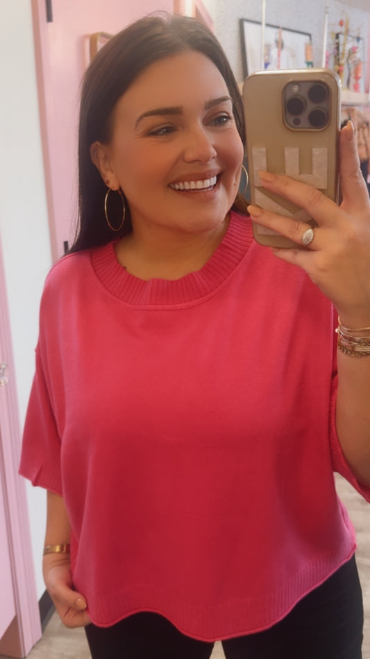Double Time Mock Neck Short Sleeve Boxy Sweater - Neon Hot Pink