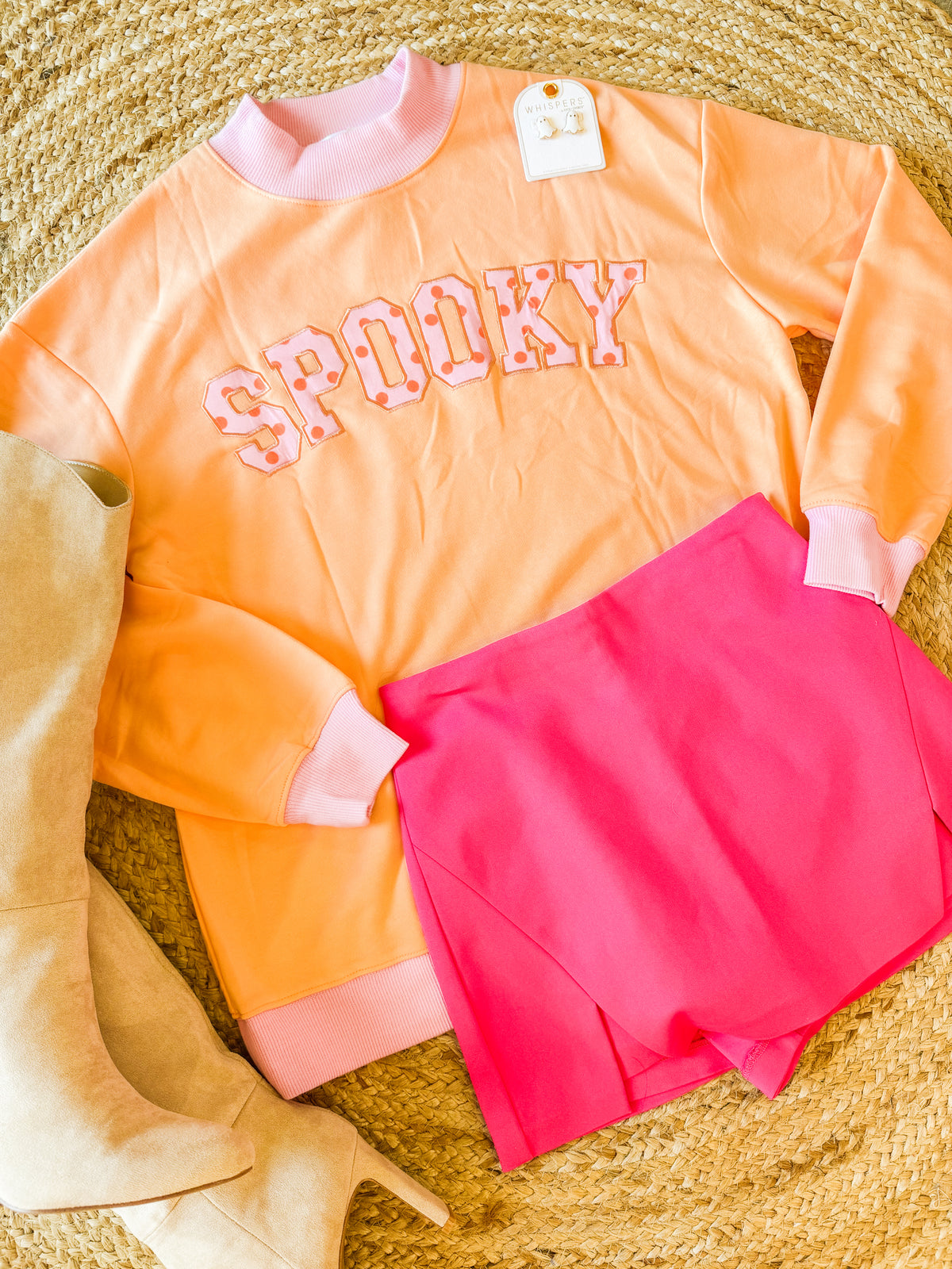 Spooky Polka Dot Letter Graphic Colorblock Tunic Sweatshirt - Grapefruit Orange