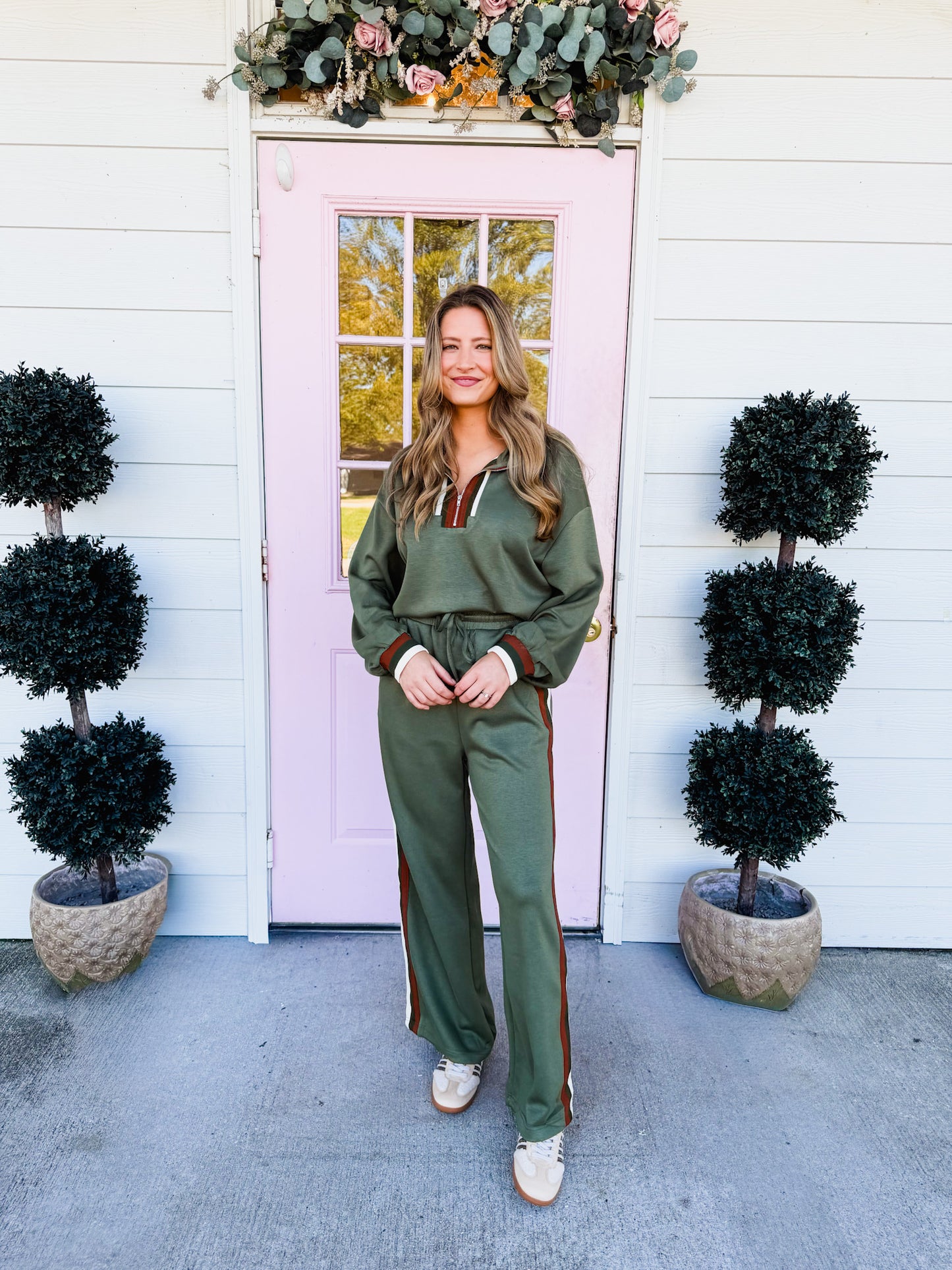 First Place Striped Trim Front Zip Sweatshirt - Olive